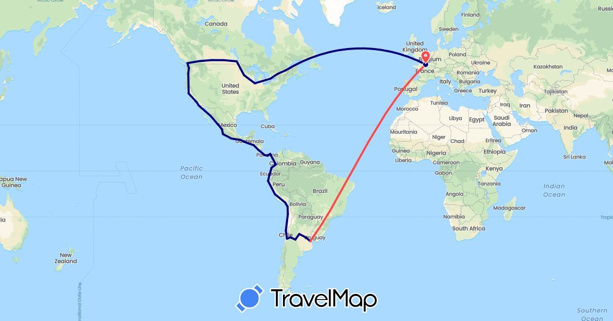 TravelMap itinerary: driving, hiking in Canada, Chile, France, Mexico, El Salvador, United States (Europe, North America, South America)
